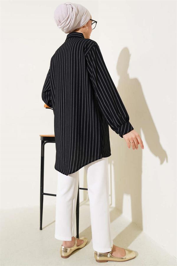 Ruffle Detailed Stone Buttoned Striped Shirt Black