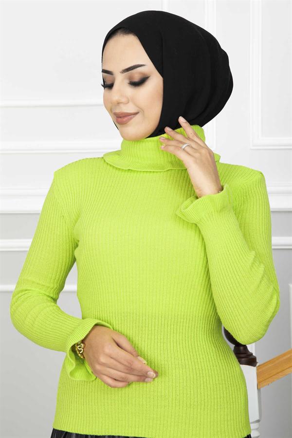 Ruffle Detailed Knitted Hijab Sweater Fluorescent Green