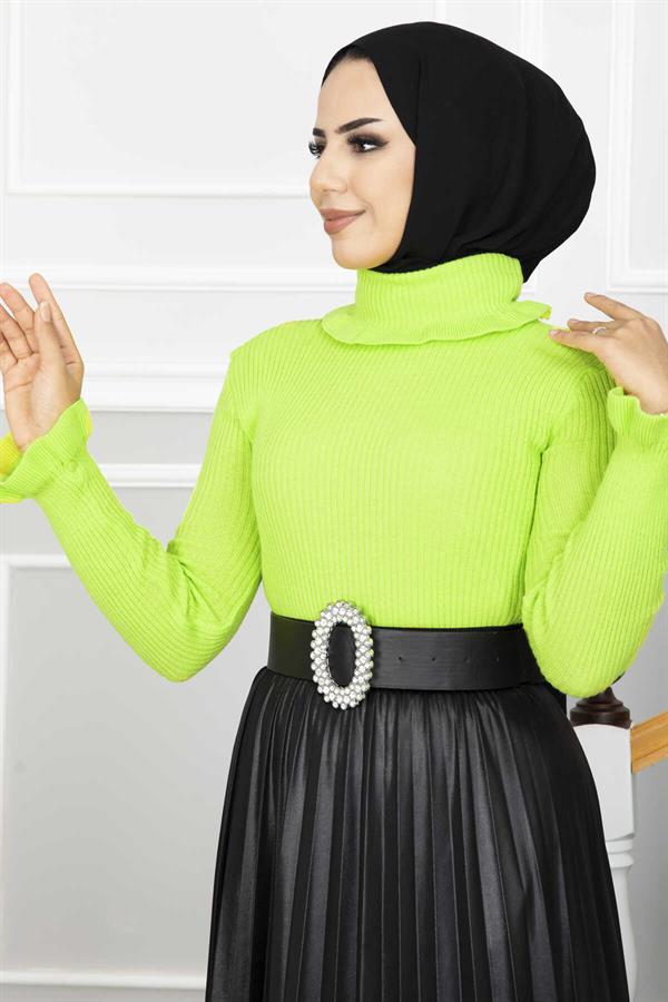 Ruffle Detailed Knitted Hijab Sweater Fluorescent Green