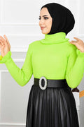 Ruffle Detailed Knitted Hijab Sweater Fluorescent Green