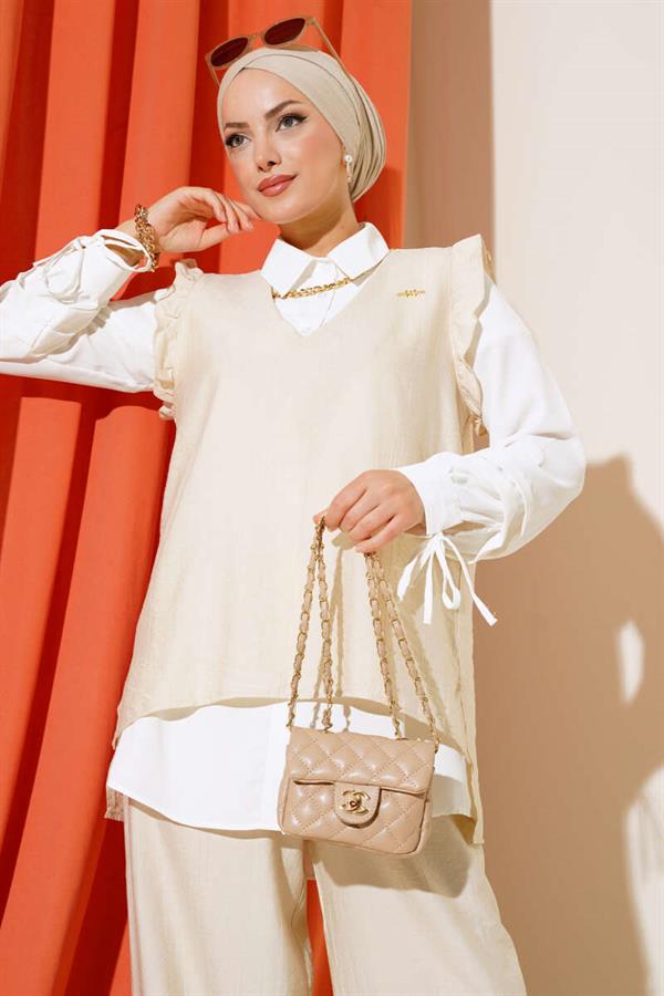 Ruffle Detailed Three Piece 2 Piece Set Beige
