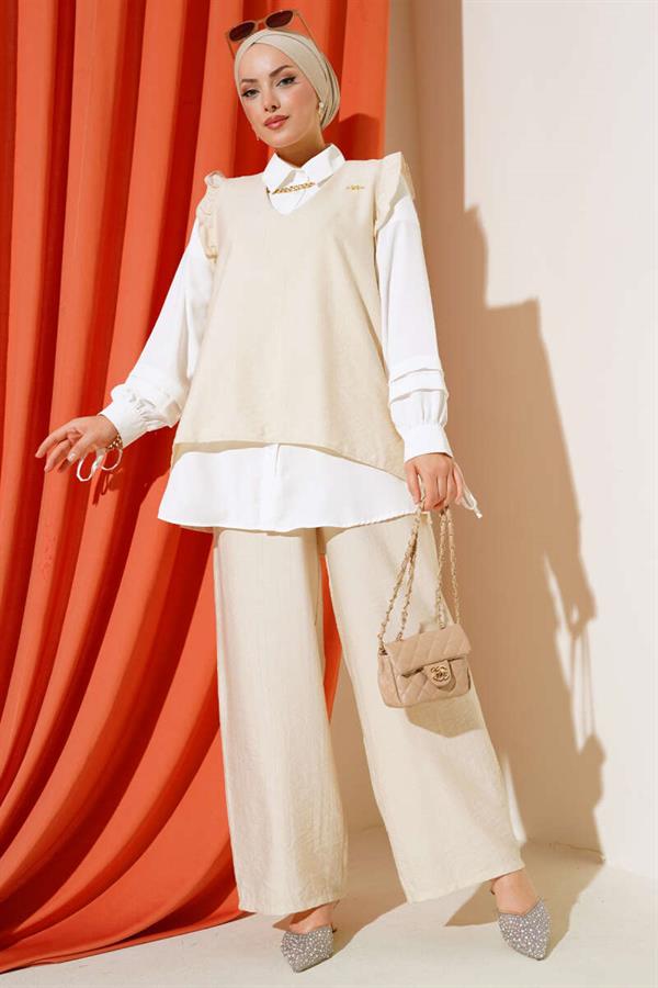 Ruffle Detailed Three Piece 2 Piece Set Beige