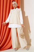Ruffle Detailed Three Piece 2 Piece Set Beige