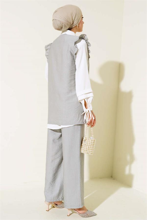Ruffle Detailed Three Piece 2 Piece Set Gray