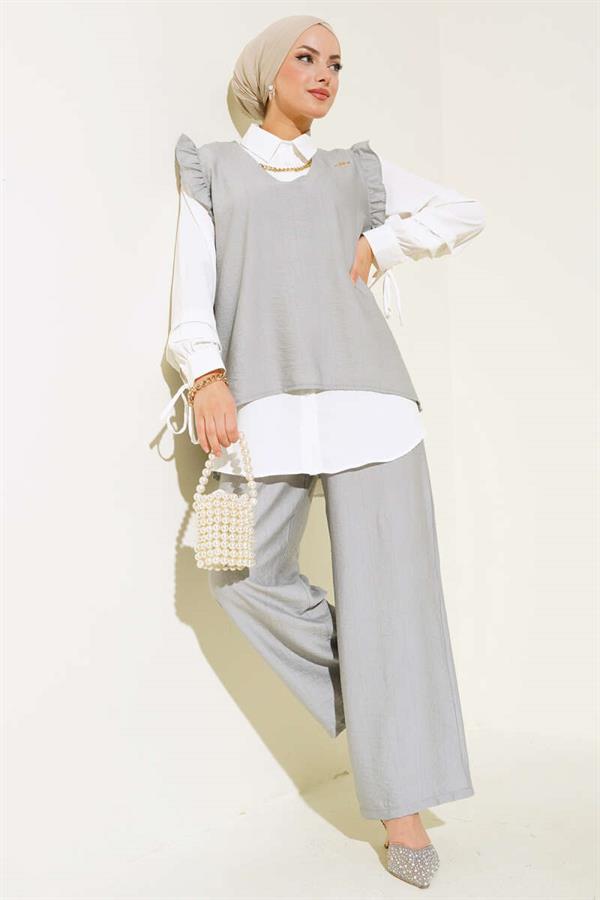 Ruffle Detailed Three Piece 2 Piece Set Gray