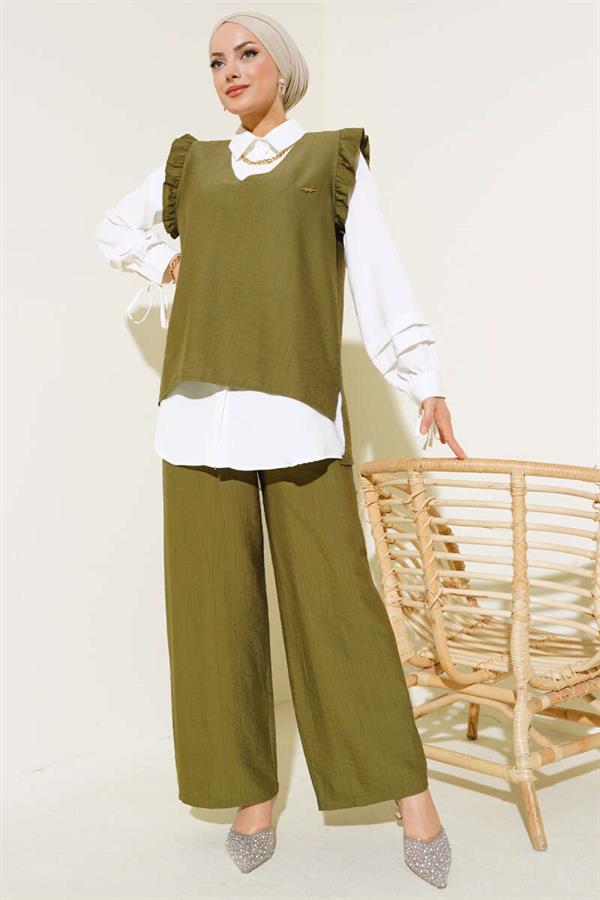  Ruffle Detailed Three Piece 2 Piece Set Khaki