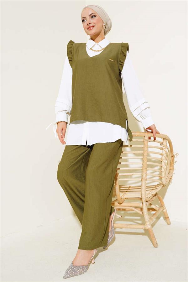  Ruffle Detailed Three Piece 2 Piece Set Khaki