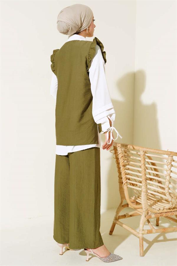  Ruffle Detailed Three Piece 2 Piece Set Khaki