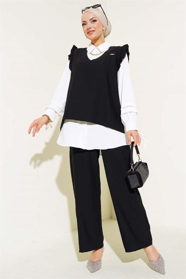 Ruffle Detailed Three Piece 2 Piece Set Black