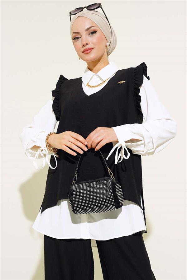 Ruffle Detailed Three Piece 2 Piece Set Black