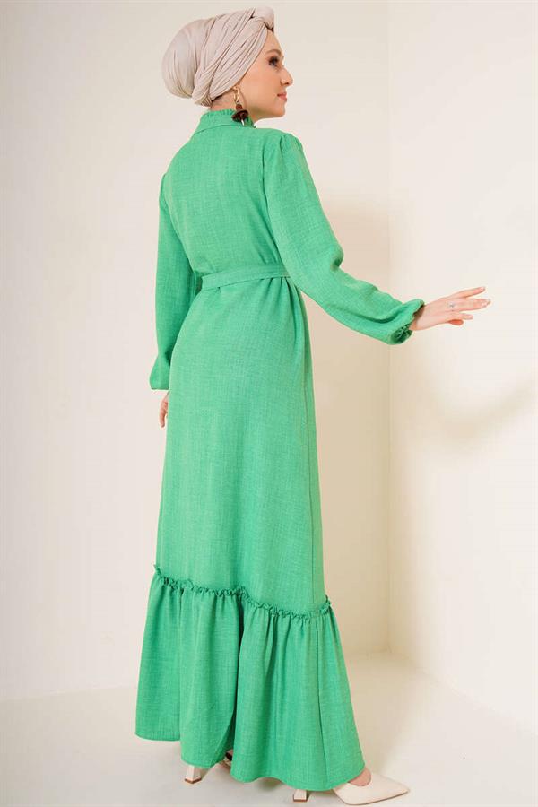 Ruffle Detailed Buttoned Collar Dress Green