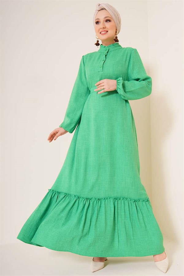 Ruffle Detailed Buttoned Collar Dress Green