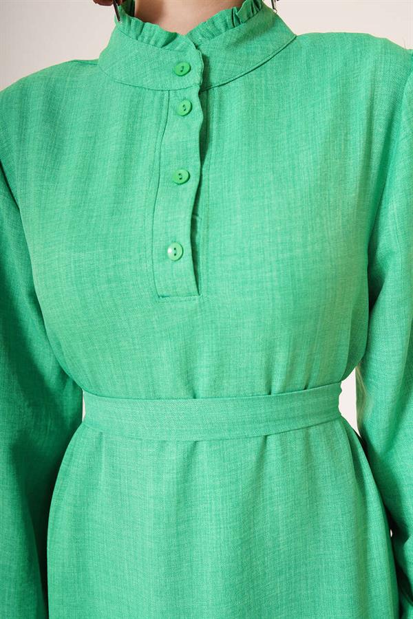 Ruffle Detailed Buttoned Collar Dress Green