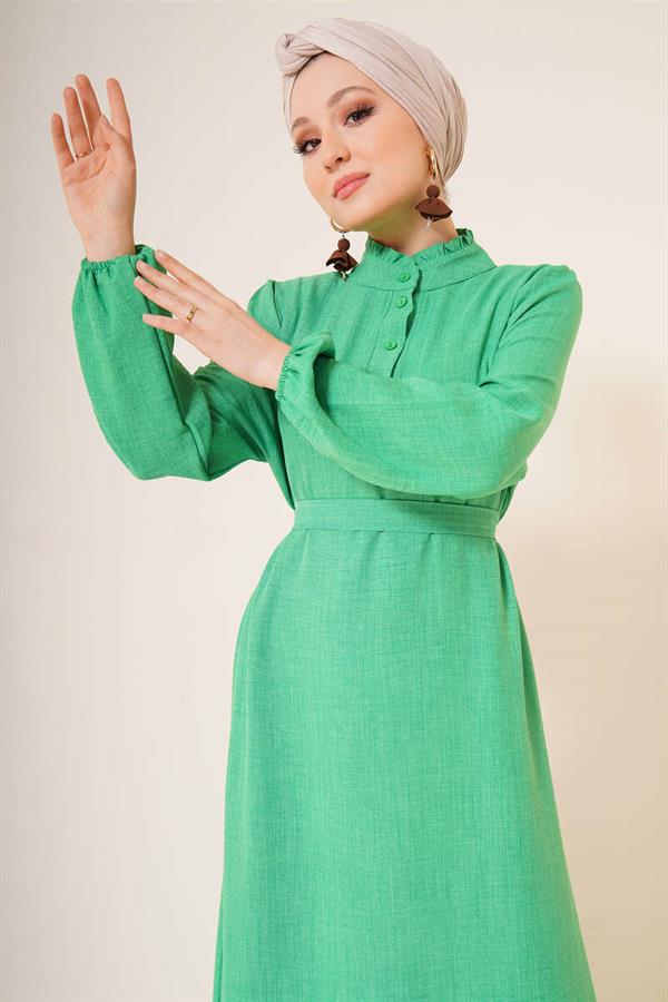 Ruffle Detailed Buttoned Collar Dress Green