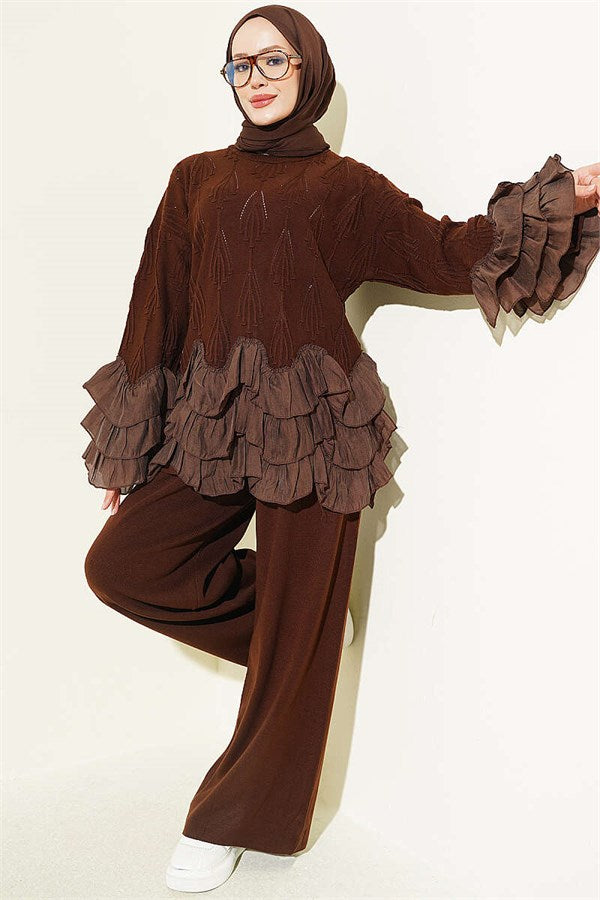 Ruffled Knit 2 Piece Set, Coffee