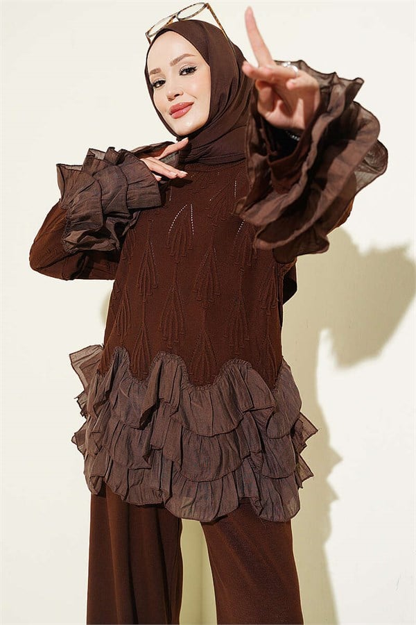 Ruffled Knit 2 Piece Set, Coffee