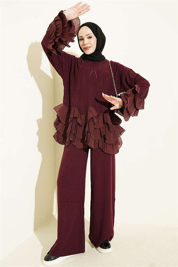 Ruffled Trimmed Knit 2 Piece Set, Plum