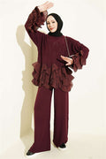 Ruffled Trimmed Knit 2 Piece Set, Plum