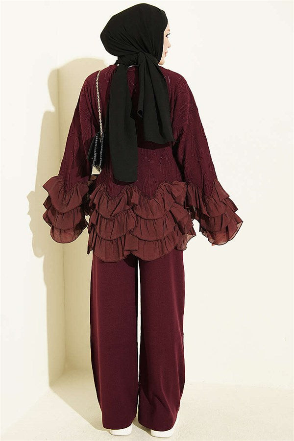 Ruffled Trimmed Knit 2 Piece Set, Plum