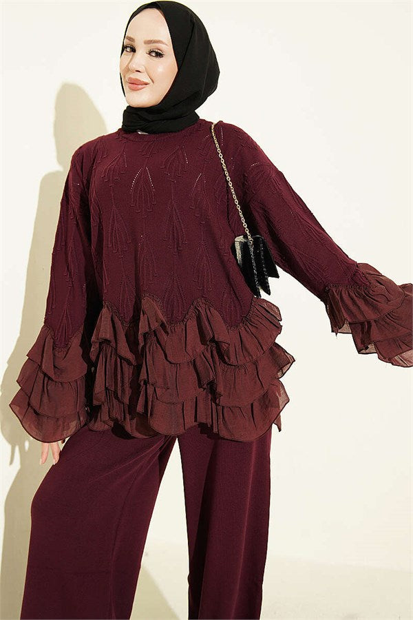 Ruffled Trimmed Knit 2 Piece Set, Plum