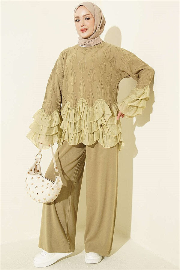 Ruffled Trinket Knit 2 Piece Set, Olive Green