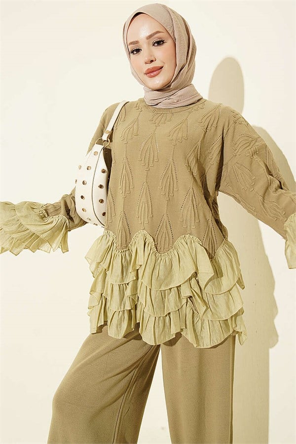 Ruffled Trinket Knit 2 Piece Set, Olive Green