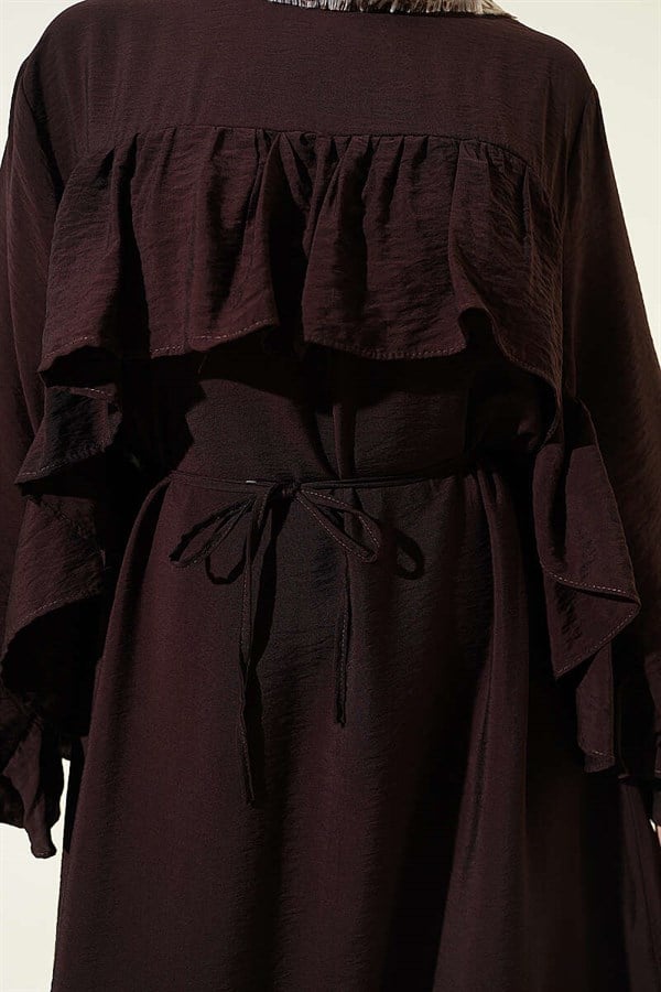 Dark Brown Dress with Ruffled Trim and String Belt