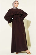 Dark Brown Dress with Ruffled Trim and String Belt