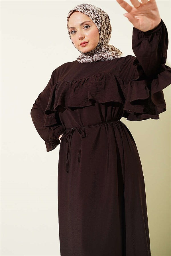 Dark Brown Dress with Ruffled Trim and String Belt