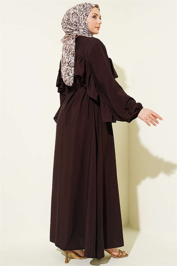 Dark Brown Dress with Ruffled Trim and String Belt