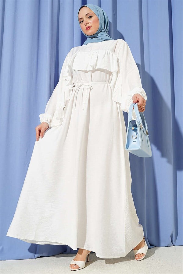 Ruffled Dress with String Belt, Ecru