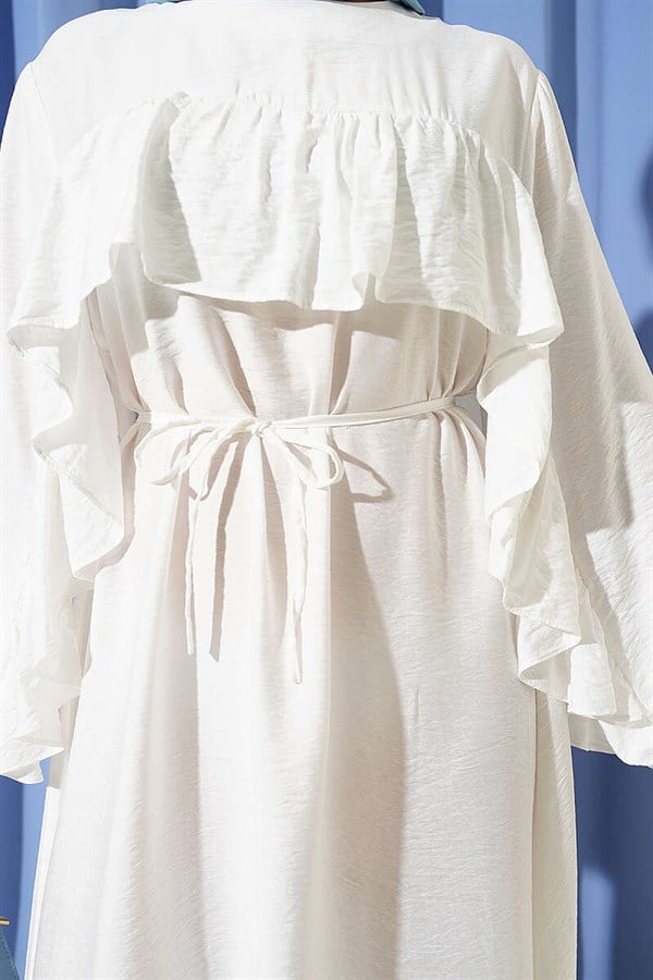 Ruffled Dress with String Belt, Ecru