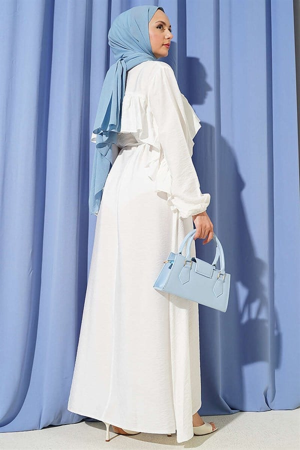 Ruffled Dress with String Belt, Ecru