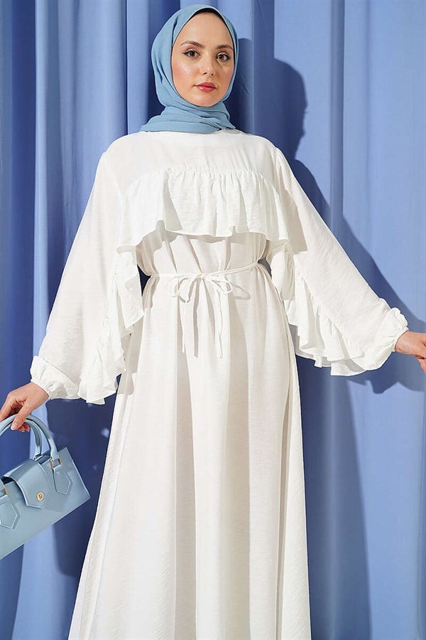 Ruffled Dress with String Belt, Ecru