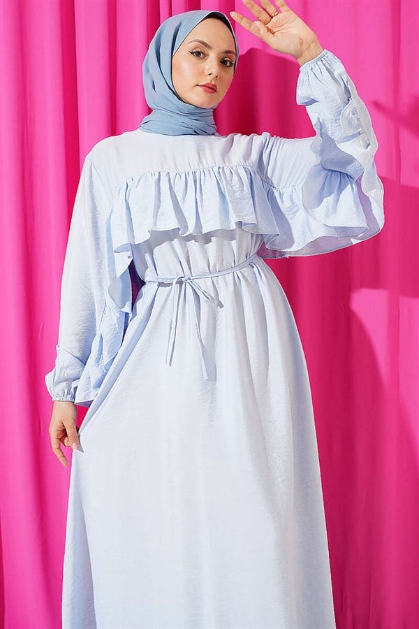 Ruffled Dress with Strappy Belt, Blue