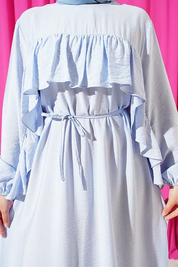 Ruffled Dress with Strappy Belt, Blue