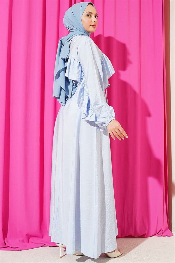 Ruffled Dress with Strappy Belt, Blue