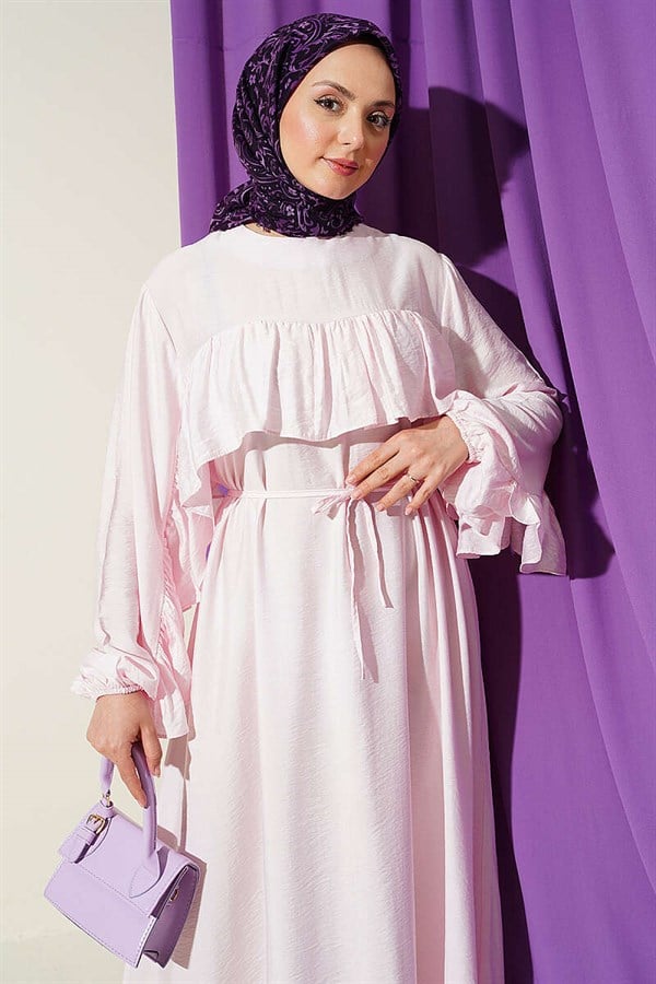 Pink Dress with Ruffle Trim and Strappy Belt