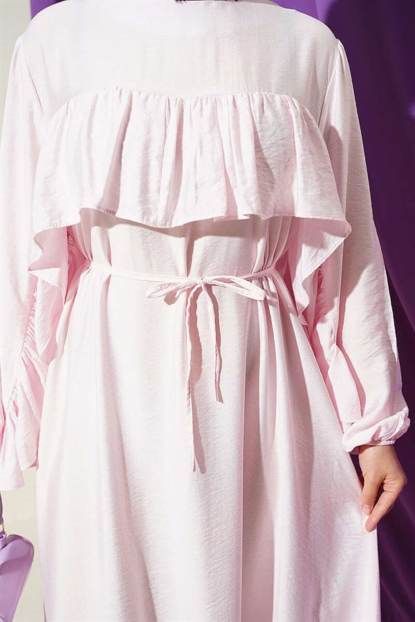 Pink Dress with Ruffle Trim and Strappy Belt