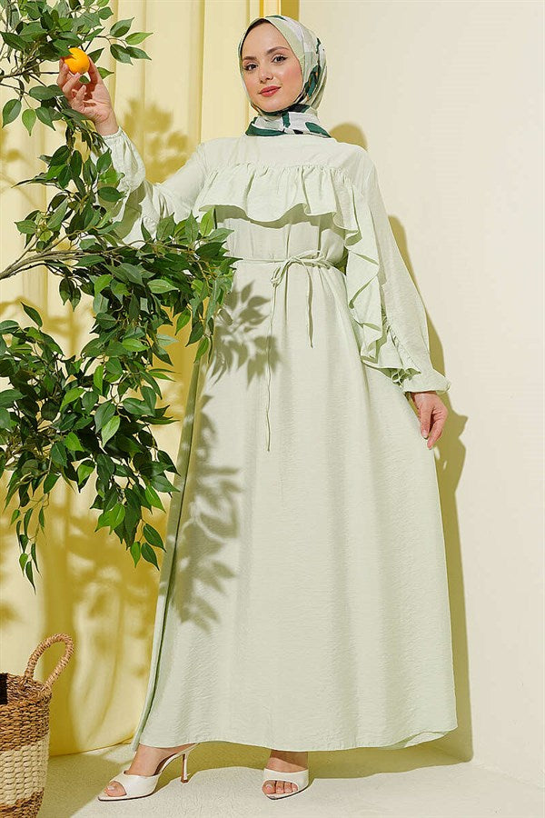 Ruffled Belted Dress, Aqua Green