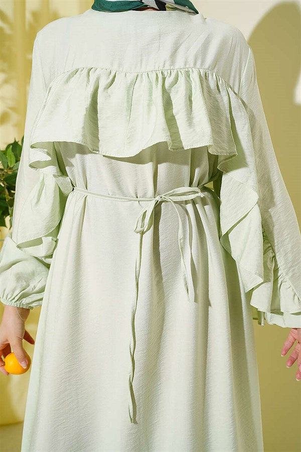 Ruffled Belted Dress, Aqua Green