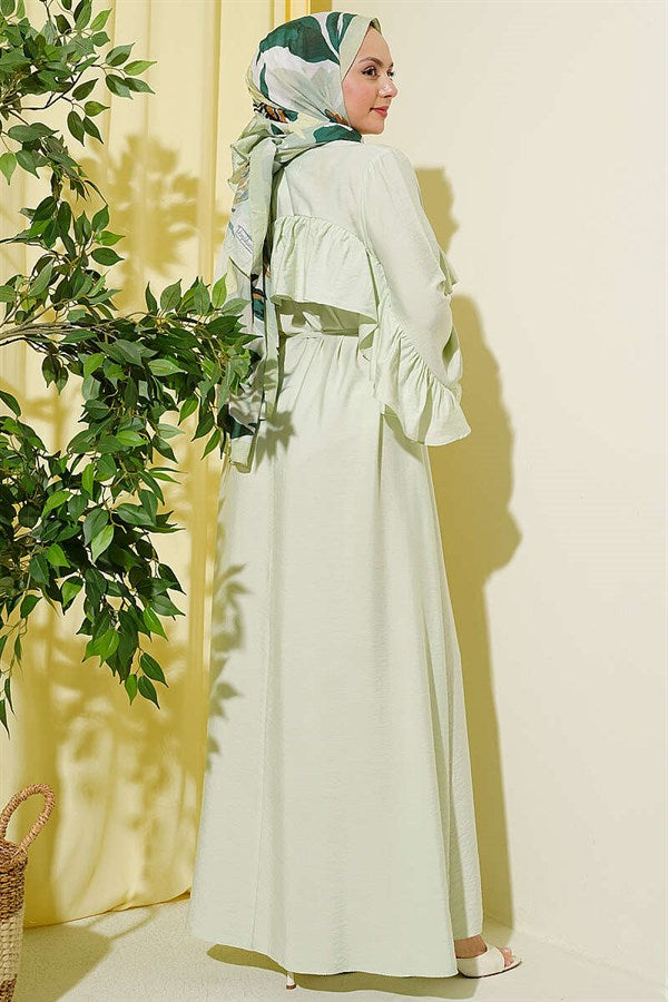 Ruffled Belted Dress, Aqua Green