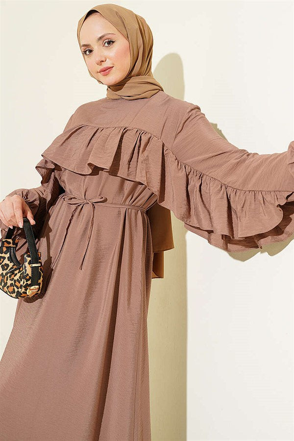 Ruffled Belted Dress, Mink