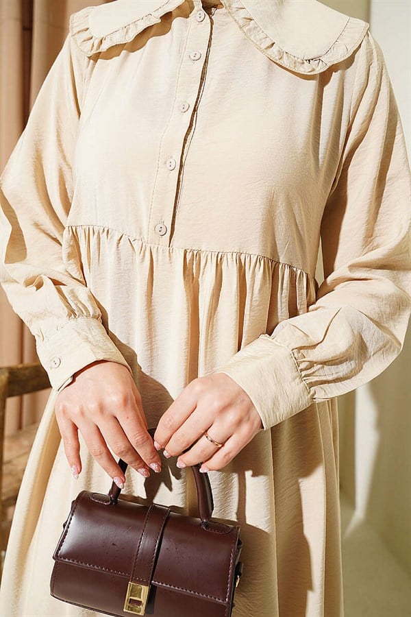 Ruffled Peter Pan Collar Button-Down Dress, Beige