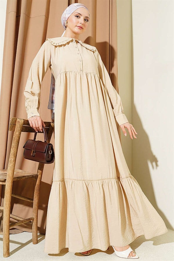 Ruffled Peter Pan Collar Button-Down Dress, Beige