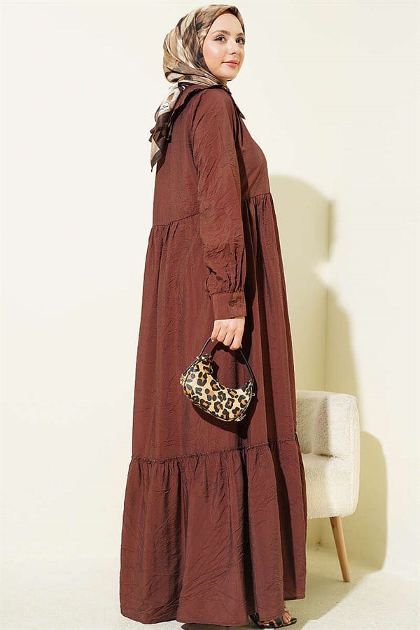 Ruffled Peter Pan Collar Button-Down Dress, Brown