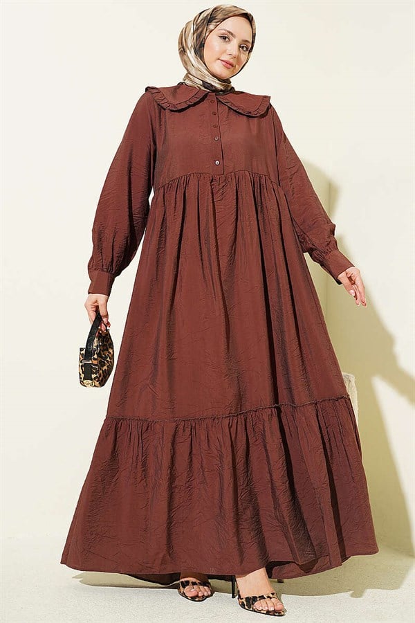 Ruffled Peter Pan Collar Button-Down Dress, Brown