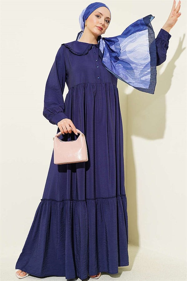 Ruffled Peter Pan Collar Button-Down Dress Navy Blue