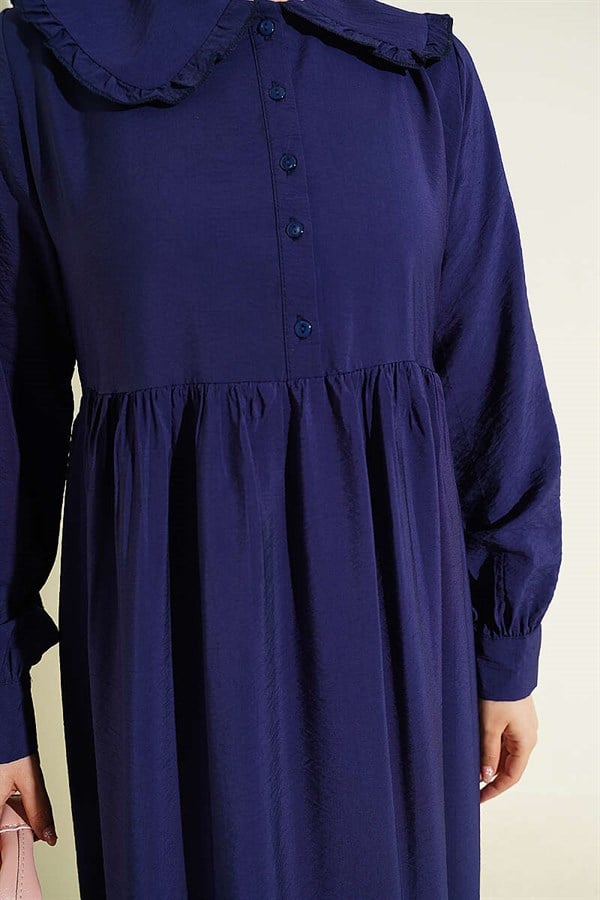 Ruffled Peter Pan Collar Button-Down Dress Navy Blue