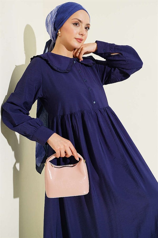 Ruffled Peter Pan Collar Button-Down Dress Navy Blue